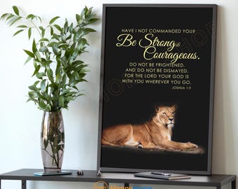 Lion Wall Art Joshua 1:9 Bible Verse Be Strong And Courageous Motivational Quotes Inspirational Print Canvas Home Decor Modern Art - PB30