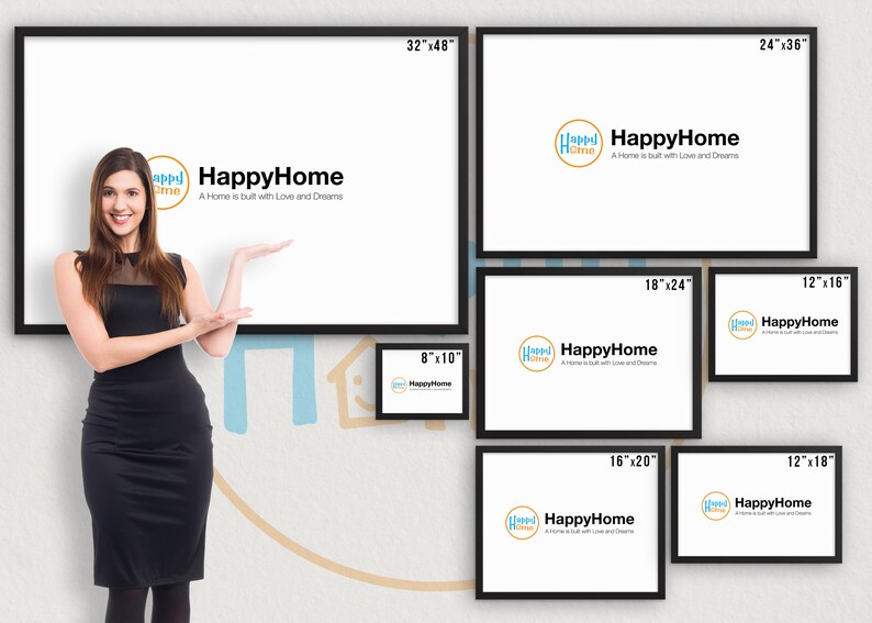 May include: A woman stands in front of a wall with different sized black frames. Each frame has a white background with the text "HappyHome" and a logo of a house with the words "HappyHome" inside. The frames are labeled with their dimensions in inches.