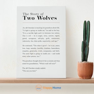 Die Geschichte von zwei Wölfen Wandkunst motivierende Wolf Zitate Inspiration Druck | Wolf Drucke Wohnkultur -P893