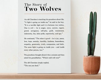 The Story of Two Wolves Wall Art Motivational Wolf Quotes Inspirational Print | Wolf Prints Home Decor -P893