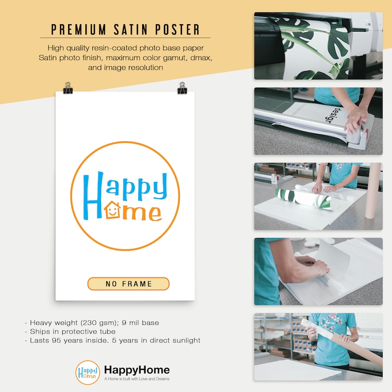 May include: A white poster with the text "Happy Home" in a blue circle with a yellow outline. The poster is printed on high-quality satin photo paper and is shipped in a protective tube. It is designed to last 95 years indoors and 5 years in direct sunlight.