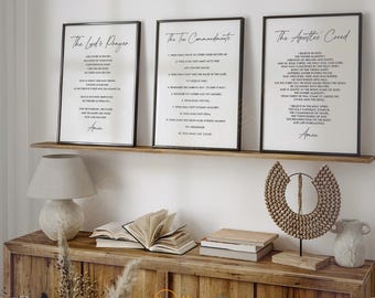 Christian Wall Art Lord's Prayer, Ten Commandments, Apostles' Creed Scripture Bible Verse Sign Home Decor | Set of 3 Pieces -PG48