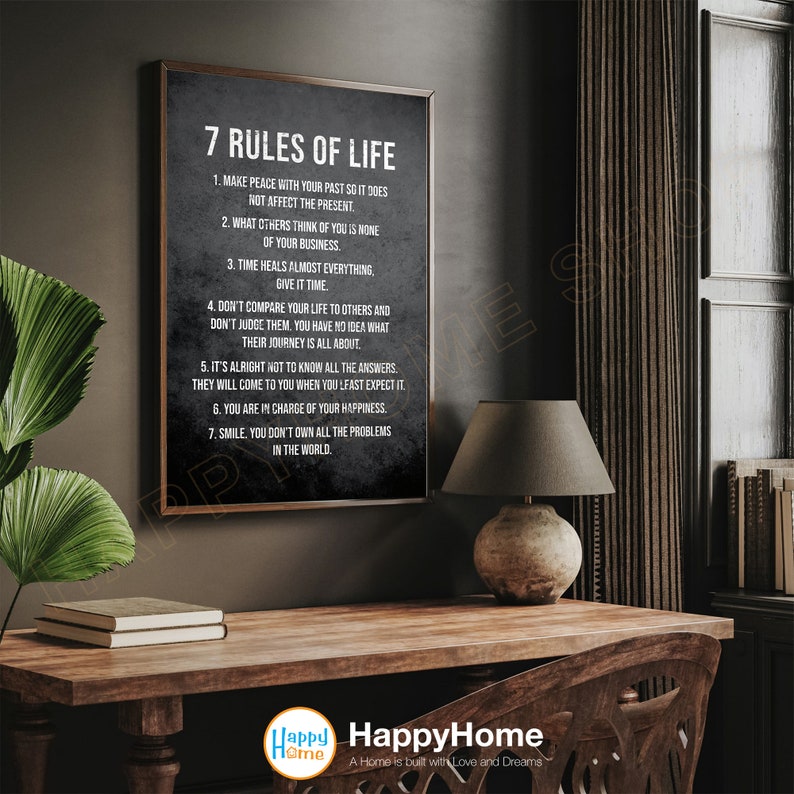 Poster Décoratif '7 Rules Of Life' - Art Mural Motivation, Toile Ou Papier, Décoration Bureau