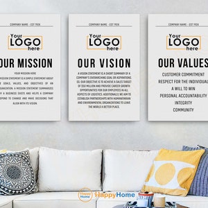 May include: Three white rectangular signs with black text and a gold outline around the word "LOGO". The signs have the headings "Our Mission", "Our Vision", and "Our Values". Each sign has a brief description of the company's mission, vision, and values.