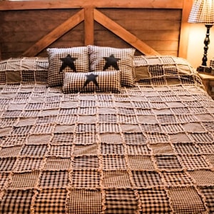 Primitive Rag Quilt, Black and Tan, Patchwork Rag Quilt