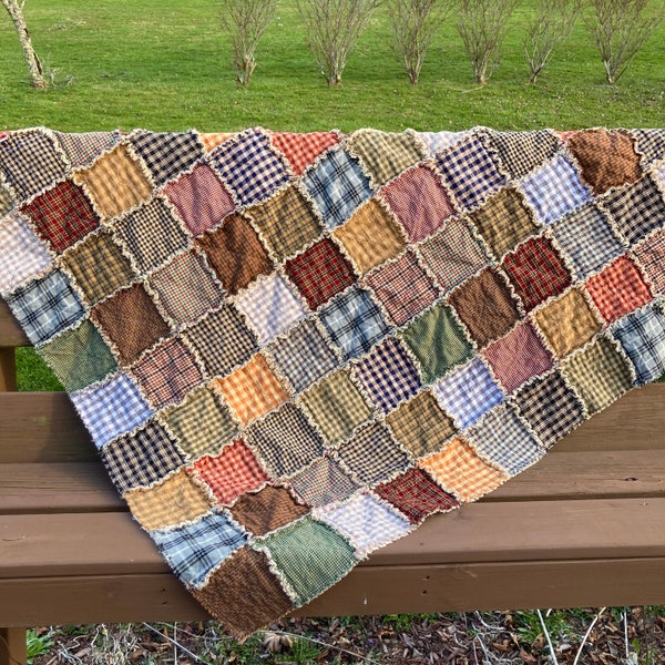 Primitive Rag Quilt, patchwork quilt, flannel back. choose size