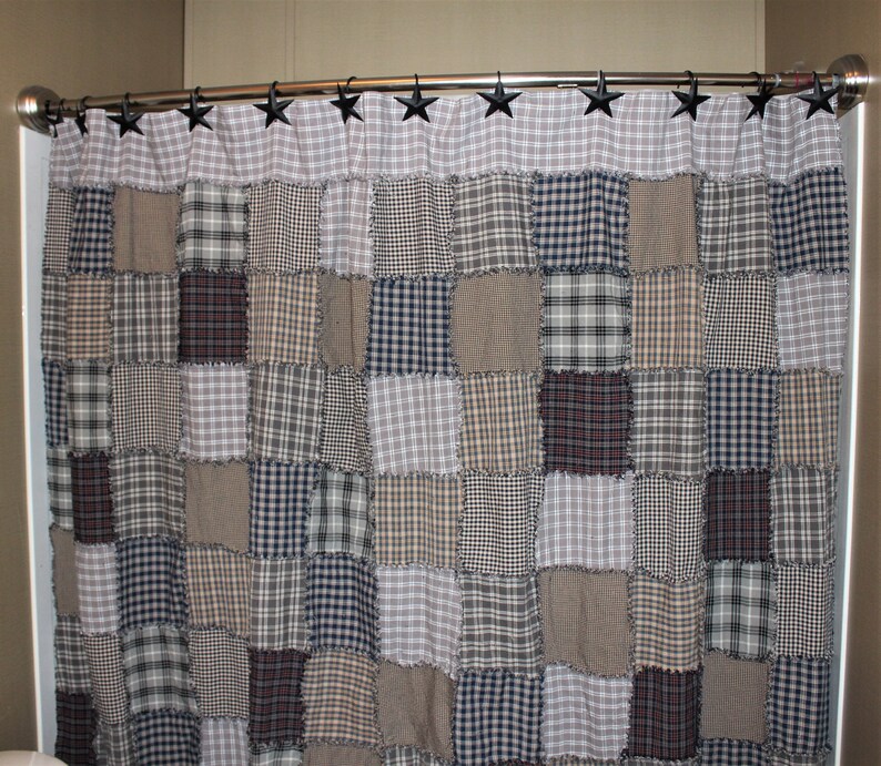 Primitive Rag Shower Curtain Farmhouse Shower Curtain Blue Etsy