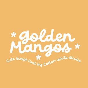 May include: A white script font design with the text "*golden mangos*" and the tagline "Cute Script Font by Cotton White Studio".