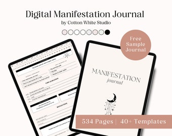 May include: A digital manifestation journal with a black and white design. The cover features a crescent moon with stars and the text "MANIFESTATION journal". The journal has 534 pages and 40+ templates.