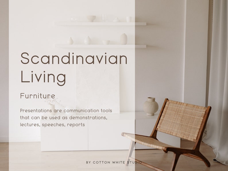 K&ouml;nnte beinhalten: Ein heller Holzstuhl mit einem geflochtenen Sitz und R&uuml;cken aus Rohrgeflecht. Der Stuhl steht in einem wei&szlig;en Raum mit einem wei&szlig;en Regal und einer Vase auf einem Tisch. Der Text "Scandinavian Living" und "Furniture" ist im Bild sichtbar.