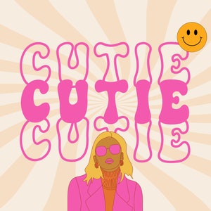 May include: A pink and white illustration of the word "cutie" with a person wearing a pink jacket, sunglasses, and a turtleneck sweater in front of a yellow and white striped background.