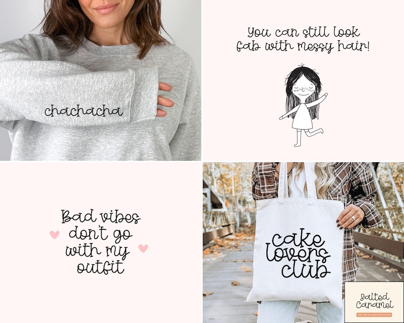 May include: A light gray sweatshirt with the word "chachacha" on the sleeve. A white tote bag with the words "cake lovers club" in black script. A black and white illustration of a girl with messy hair. The phrase "Bad vibes don't go with my outfit".
