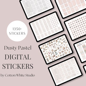 May include: A digital sticker set with over 1350 dusty pastel colored stickers. The stickers are organized into different categories, including planner stickers, food stickers, and more. The text "Dusty Pastel Digital Stickers by Cotton White Studio" is displayed on the image.