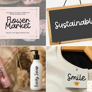 May include: A collage featuring a pink sign with "Flower Market" text, a chalkboard with "Sustainable" text, a pink serum bottle, a white body soap bottle, and a tag with "Smile" text. The image has a light, airy aesthetic.