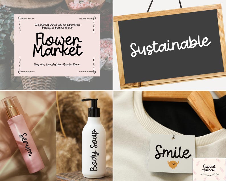 May include: A collage featuring a pink sign with "Flower Market" text, a chalkboard with "Sustainable" text, a pink serum bottle, a white body soap bottle, and a tag with "Smile" text. The image has a light, airy aesthetic.