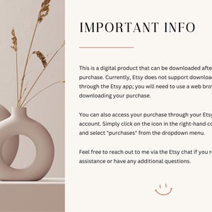 May include: Two beige ceramic vases with a circular cutout in the center. The vases are on a beige surface with dried brown grass in the vase on the right. The text "IMPORTANT INFO" is at the top of the image. The text below explains that the product is a digital download and provides instructions on how to access the download.