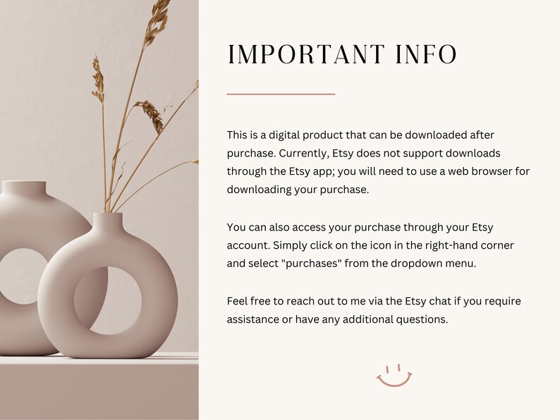 May include: Two beige ceramic vases with a circular cutout in the center. The vases are on a beige surface with dried brown grass in the vase on the right. The text "IMPORTANT INFO" is at the top of the image. The text below explains that the product is a digital download and provides instructions on how to access the download.