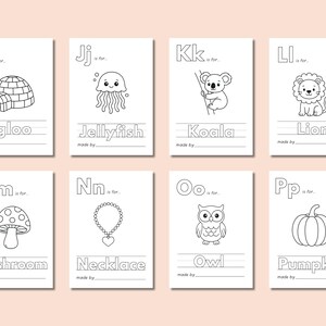 May include: Black and white printable alphabet flashcards for kids. Each card features a letter, a picture, and a word. The letters are I, J, K, L, M, N, O, and P. The pictures are an igloo, jellyfish, koala, lion, mushroom, necklace, owl, and pumpkin.