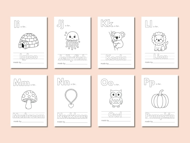 May include: Black and white printable alphabet flashcards for kids. Each card features a letter, a picture, and a word. The letters are I, J, K, L, M, N, O, and P. The pictures are an igloo, jellyfish, koala, lion, mushroom, necklace, owl, and pumpkin.