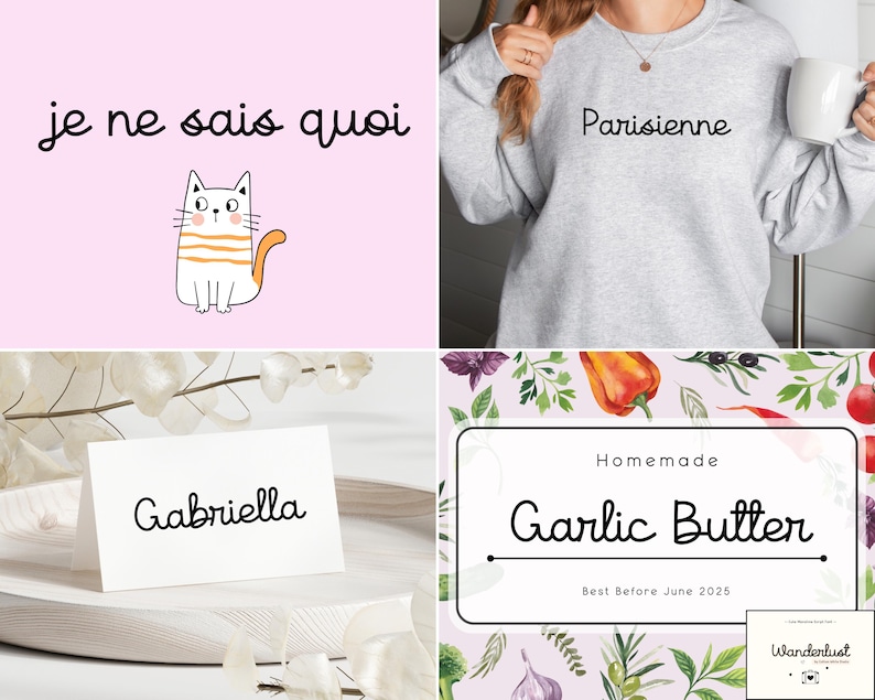 May include: A collection of images featuring a pink background with the text "je ne sais quoi" and a cartoon cat, a gray sweatshirt with the word "Parisienne", a white place card with the name "Gabriella", and a label for "Garlic Butter".