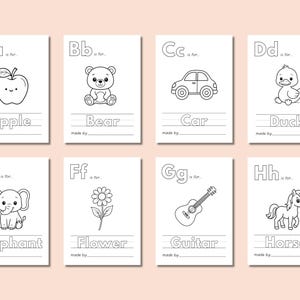 May include: Black and white printable alphabet flashcards with illustrations of an apple, bear, car, duck, elephant, flower, guitar, and horse. Each card has a letter, the word for the illustration, and a line for the child to write their name.