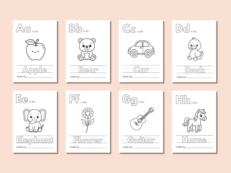 May include: Black and white printable alphabet flashcards with illustrations of an apple, bear, car, duck, elephant, flower, guitar, and horse. Each card has a letter, the word for the illustration, and a line for the child to write their name.