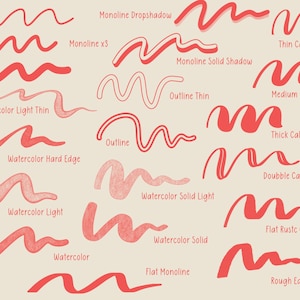 以下が含まれることがあります： デジタルアートのためのさまざまな筆致スタイルを示すチャート。チャートには、水彩、モノライン、アウトライン、カリグラフィーなど、14種類の異なるスタイルが含まれています。各スタイルは名前でラベル付けされ、赤い波状の線で表されます。