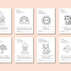 May include: Black and white printable alphabet flashcards for kids. Each card features a letter, a word, and an illustration. The letters are Q, R, S, T, U, V, W, and X. The words are Queen, Rainbow, Sun, Tiger, Umbrella, Volcano, Wolf, and X-ray Fish.