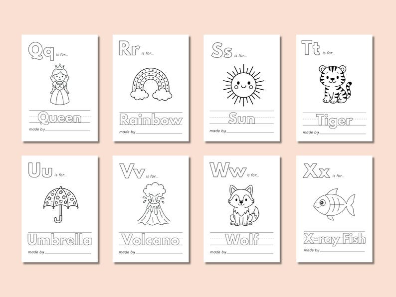 May include: Black and white printable alphabet flashcards for kids. Each card features a letter, a word, and an illustration. The letters are Q, R, S, T, U, V, W, and X. The words are Queen, Rainbow, Sun, Tiger, Umbrella, Volcano, Wolf, and X-ray Fish.