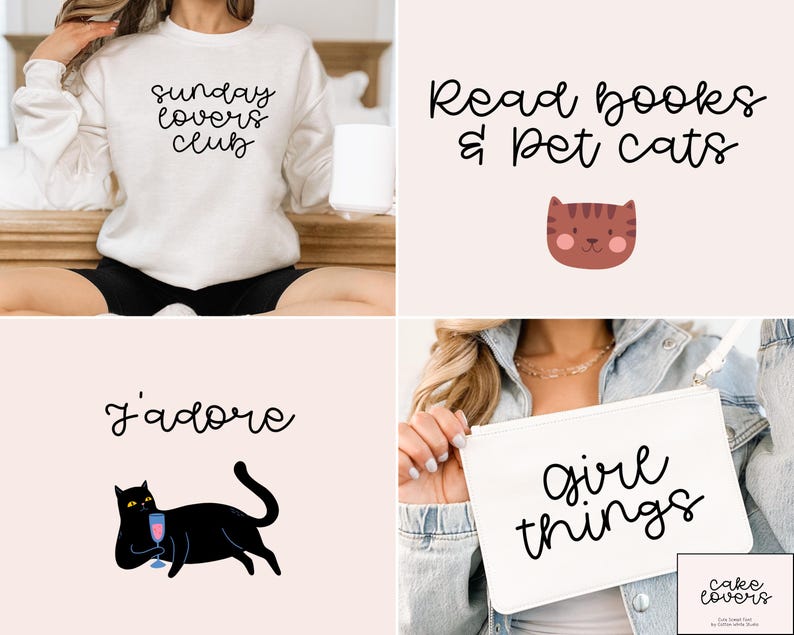 May include: A collection of lifestyle-themed graphics. Includes a cream-colored sweatshirt with "sunday lovers club" text, a graphic with "Read books & pet cats" and a cat illustration, a graphic with "j'adore" and a cat illustration, and a white clutch with "girl things" text.