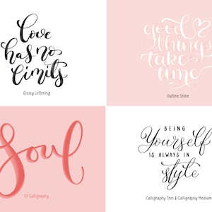 以下が含まれることがあります： 黒と白と赤で、4つの異なる書道スタイルが示されています。テキストは「愛には限界がない」、「良いことは時間がかかる」、「魂」、「自分らしくいることは常にスタイリッシュである」と書いてあります。