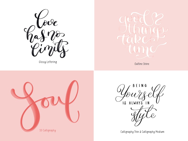 以下が含まれることがあります： 黒と白と赤で、4つの異なる書道スタイルが示されています。テキストは「愛には限界がない」、「良いことは時間がかかる」、「魂」、「自分らしくいることは常にスタイリッシュである」と書いてあります。