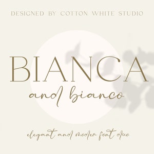 Könnte beinhalten: Ein Grafikdesign für ein Schriftduo namens "Bianca und bianco". Der Text ist in einer Serifenschrift mit einem modernen und eleganten Stil. Der Text ist in Braun auf einem hellbeigen Hintergrund.