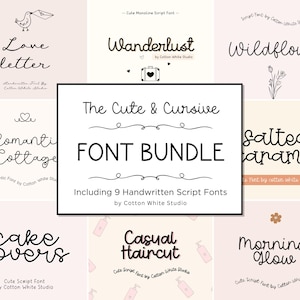 May include: A collection of nine handwritten script fonts, including "Love Letter," "Wanderlust," and "Wildflower." The fonts are displayed on a light pink background with decorative elements. The central text reads "The Cute & Cursive Font Bundle."