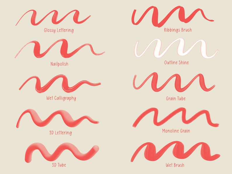 以下が含まれることがあります： レタリングとカリグラフィーのためのさまざまな筆のストロークスタイルのビジュアルガイド。画像は、「光沢のあるレタリング」、「リブブラシ」、「マニキュア」、「アウトラインシャイン」、「ウェットカリグラフィー」、「グレインチューブ」、「3Dレタリング」、「モノライングレイン」、「3Dチューブ」、「ウェットブラシ」スタイルの例を示しています。