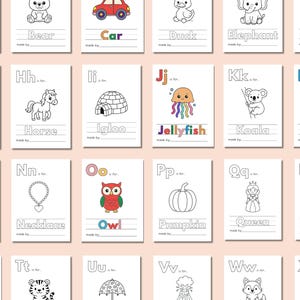 May include: A printable alphabet learning chart with black and white illustrations of objects and animals for each letter. The chart includes an apple, bear, car, duck, elephant, flower, guitar, horse, igloo, jellyfish, koala, lion, mushroom, necklace, owl, pumpkin, queen, rainbow, sun, tiger, umbrella, volcano, wolf, and fish.