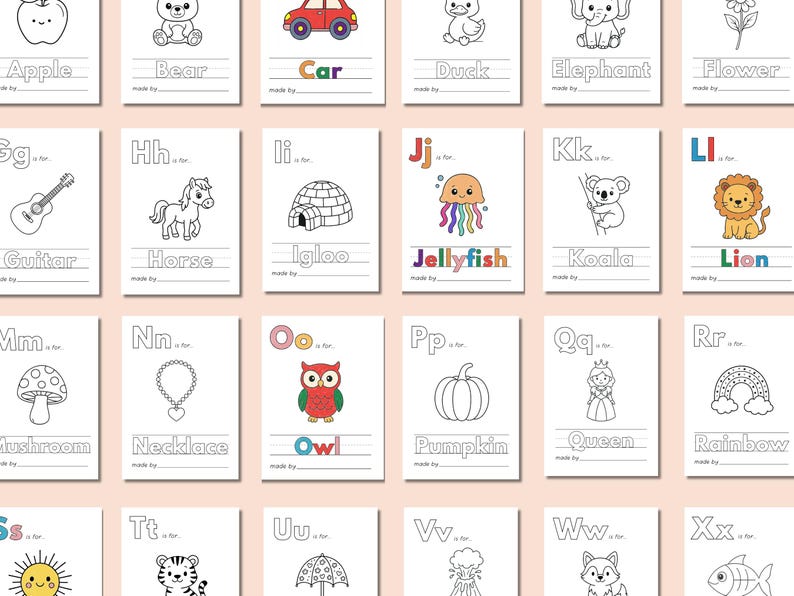 May include: A printable alphabet learning chart with black and white illustrations of objects and animals for each letter. The chart includes an apple, bear, car, duck, elephant, flower, guitar, horse, igloo, jellyfish, koala, lion, mushroom, necklace, owl, pumpkin, queen, rainbow, sun, tiger, umbrella, volcano, wolf, and fish.
