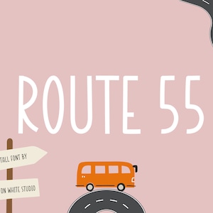 May include: A white graphic with the text "ROUTE 55" in a tall, handwritten font. A small orange bus is driving on a gray road with white lines. Two white signs with black text point to the right. The top sign says "A TALL FONT BY" and the bottom sign says "COTTON WHITE STUDIO".
