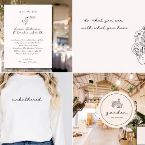 May include: A collection of images featuring wedding stationery, a sweatshirt, and a cafe sign. The wedding invitation has a stork illustration and the text "Save the date". The sweatshirt has the word "unbothered". The cafe sign says "garden cafe since 2004".