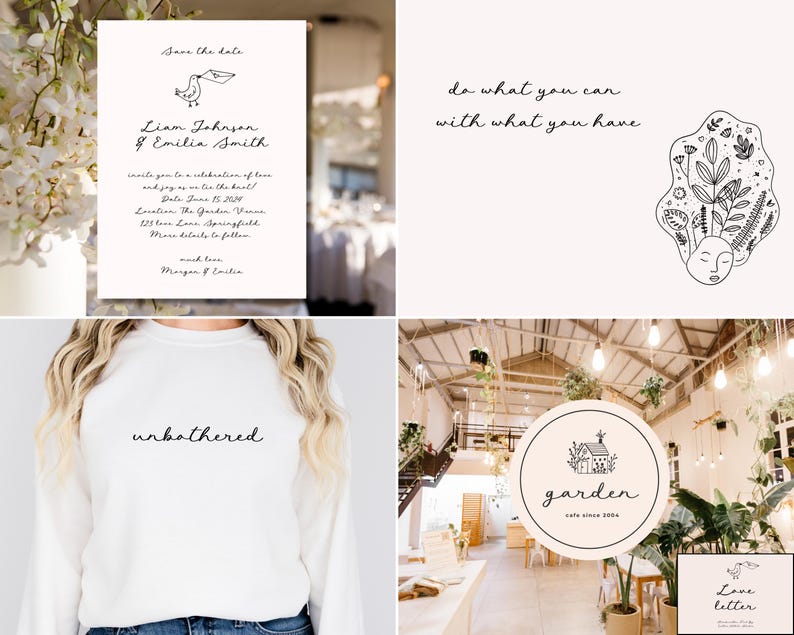 May include: A collection of images featuring wedding stationery, a sweatshirt, and a cafe sign. The wedding invitation has a stork illustration and the text "Save the date". The sweatshirt has the word "unbothered". The cafe sign says "garden cafe since 2004".
