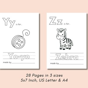 May include: Black and white printable alphabet flashcards for kids. The letter Y is for yo-yo and the letter Z is for zebra. The flashcards are 5x7 inches and are part of a 28-page set.