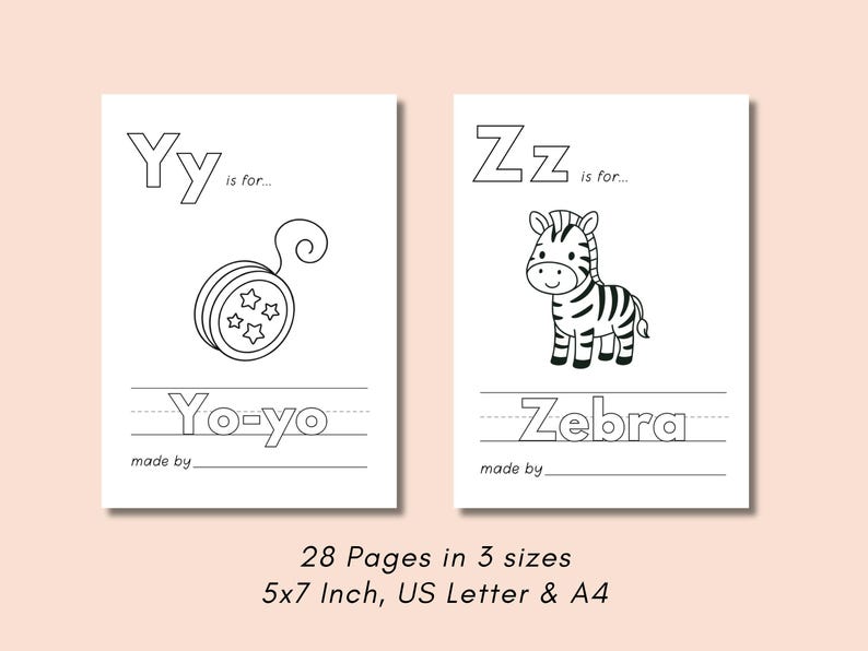 May include: Black and white printable alphabet flashcards for kids. The letter Y is for yo-yo and the letter Z is for zebra. The flashcards are 5x7 inches and are part of a 28-page set.