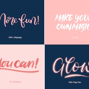 以下が含まれることがあります： キラキラと濡れた効果のある4つの異なる書体。テキストは「More fun! 」はピンクのキラキラ、「Make your own magic」は白、「You can! 」は赤、「Glow」は白いキラキラです。