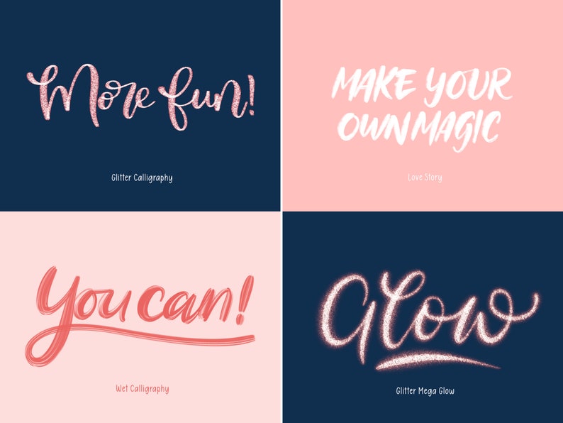 以下が含まれることがあります： キラキラと濡れた効果のある4つの異なる書体。テキストは「More fun! 」はピンクのキラキラ、「Make your own magic」は白、「You can! 」は赤、「Glow」は白いキラキラです。