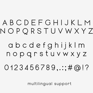 K&ouml;nnte beinhalten: Ein Alphabet mit Gro&szlig;- und Kleinbuchstaben, Zahlen und Satzzeichen. Die Schriftart ist ein moderner serifenloser Stil mit einem klaren, minimalistischen Design. Der Text "multilingual support" wird unterhalb des Alphabets angezeigt.