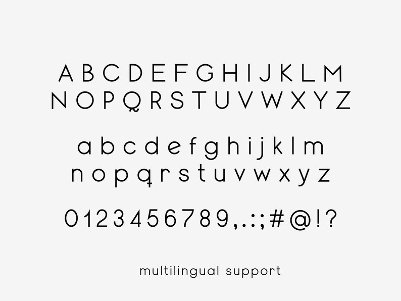 K&ouml;nnte beinhalten: Ein Alphabet mit Gro&szlig;- und Kleinbuchstaben, Zahlen und Satzzeichen. Die Schriftart ist ein moderner serifenloser Stil mit einem klaren, minimalistischen Design. Der Text "multilingual support" wird unterhalb des Alphabets angezeigt.