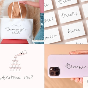 May include: A white tote bag with "Champagne Club" in script, a stack of name cards, a phone case with "R&ecirc;verie" on it, and a champagne tower illustration. The image includes the text "Another one?" and "Romantic Cottage".