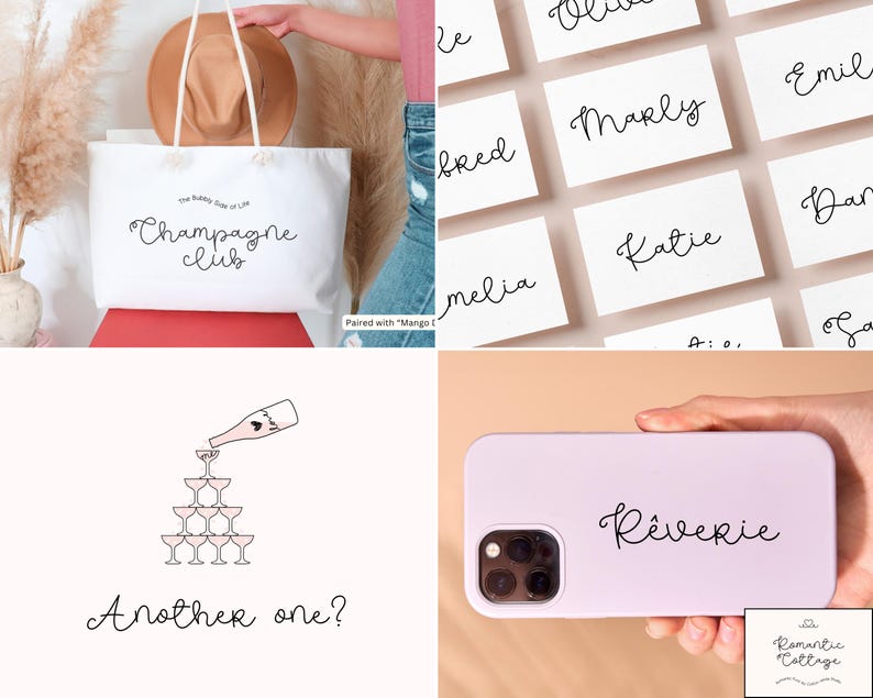 May include: A white tote bag with "Champagne Club" in script, a stack of name cards, a phone case with "R&ecirc;verie" on it, and a champagne tower illustration. The image includes the text "Another one?" and "Romantic Cottage".