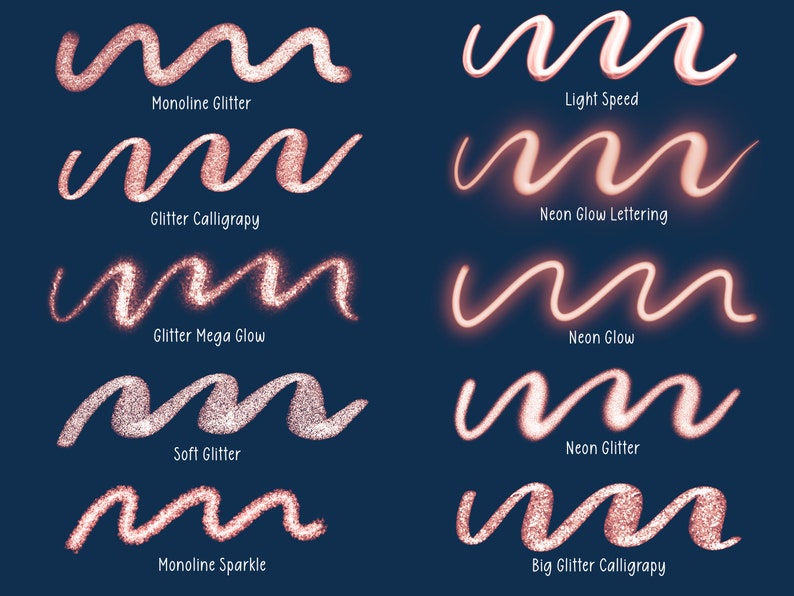 以下が含まれることがあります： キラキラとネオンの光の効果を生み出す、10種類の異なるデジタルブラシスタイルのセットです。ブラシスタイルは、ピンクとゴールドのキラキラ、ネオンピンク、ライトピンクの波線で示されています。ブラシスタイルには、モノライングリッター、ライトスピード、グリッターカリグラフィー、ネオングローレタリング、グリッターメガグロー、ネオングロー、ソフトグリッター、ネオングリッター、モノラインスパークル、ビッググリッターカリグラフィーという名前が付けられています。