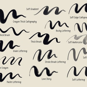 以下が含まれることがあります： レタリングとカリグラフィーのための12種類の異なる筆のストロークスタイルのコレクション。スタイルには、ソフトグラデーション、ソフトエッジカリグラフィー、ロッキーレタリング、ソフトウォーターカラー、ソフトストローク、ストロークブラシレタリング、スマッジクレヨン、ラブストーリー、ソフトレタリング、パステルレタリングが含まれます。
